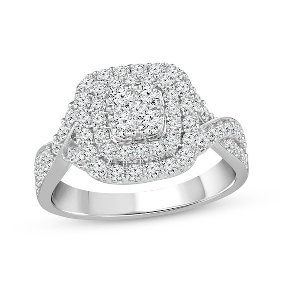 Previously Owned Multi-Diamond Cushion-Shaped Double Halo Engagement Ring 1 ct tw 10K White Gold