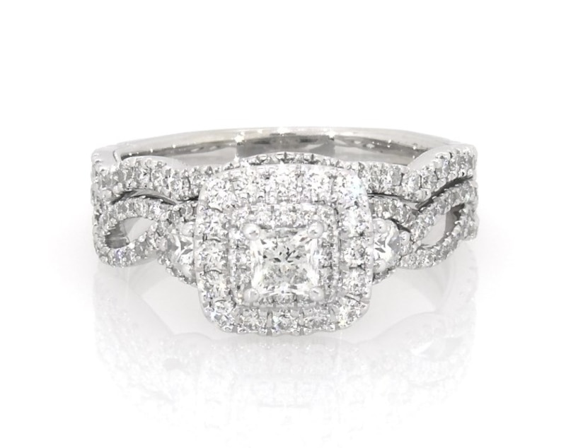 Main Image 1 of Previously Owned Neil Lane Princess-Cut Diamond Double Halo Bridal Set 1-1/5 ct tw 14K White Gold Size 7.25
