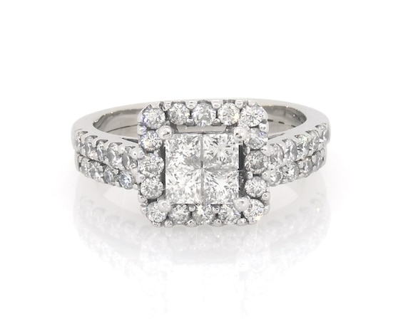 Previously Owned Princess-Cut Quad Diamond Halo Bridal Set 1-1/5 ct tw 14K White Gold Size 2.75
