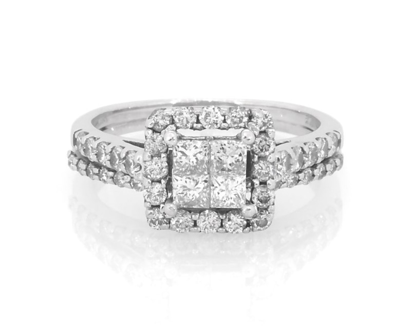 Main Image 1 of Previously Owned Princess-Cut Quad Diamond Halo Bridal Set 1 ct tw 14K White Gold Size 6.5