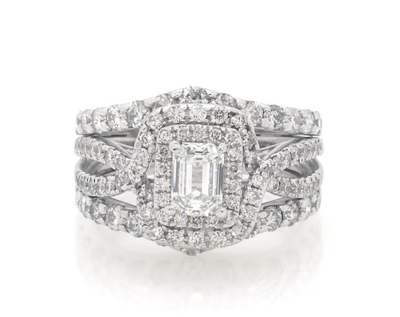 Previously Owned Emerald-Cut Diamond Double Halo Bridal Set 1-7/8 ct tw 14K White Gold Size 6.25