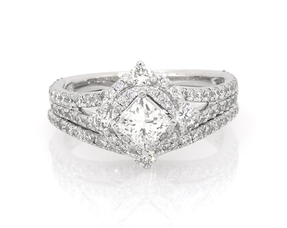Previously Owned Tilted Princess-Cut Diamond Double Halo Bridal Set 1-1/2 ct tw 14K White Gold Size 6.75
