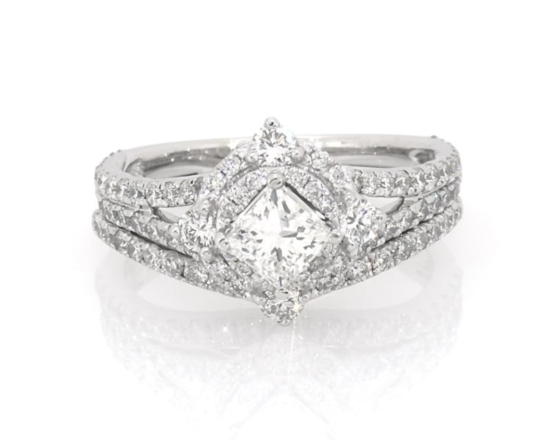 Main Image 1 of Previously Owned Tilted Princess-Cut Diamond Double Halo Bridal Set 1-1/2 ct tw 14K White Gold Size 6.75