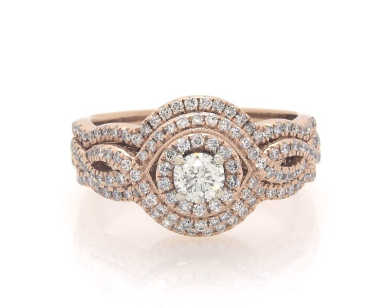 Main Image 1 of Previously Owned Round-Cut Diamond Halo Twist Bridal Set 7/8 ct tw 14K Rose Gold Size 7