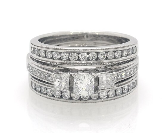 Previously Owned Princess-Cut Diamond Three-Stone Bridal Set 1-1/4 ct tw 14K White Gold Size 7