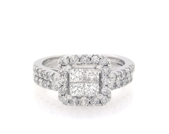 Previously Owned Princess-Cut Quad Diamond Halo Bridal Set 1-1/5 ct tw 14K White Gold 5