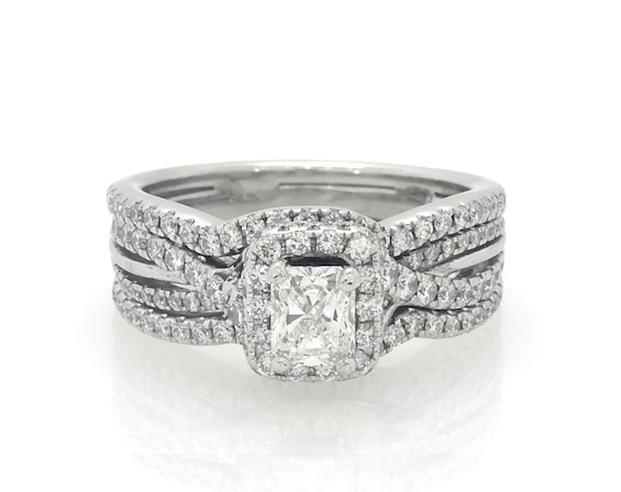 Previously Owned Neil Lane Radiant-Cut Diamond Halo Bridal Set 1-1/3 ct tw 14K White Gold Size 6