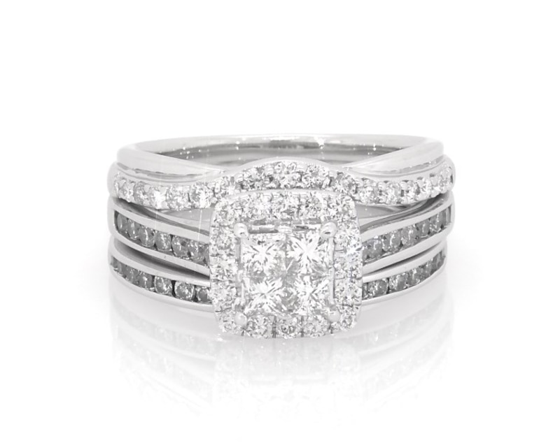 Main Image 1 of Previously Owned Princess-Cut Quad Diamond Halo Bridal Set 1-3/8 ct tw 14K White Gold Size 7.25