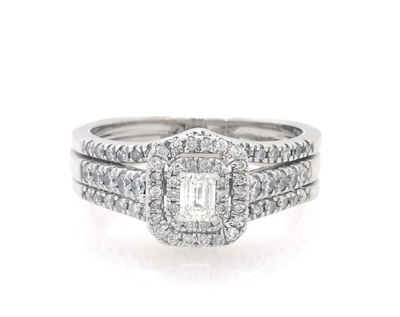 Previously Owned Emerald-Cut Diamond Double Halo Bridal Set 5/8 ct tw 10K White Gold Size 7.75