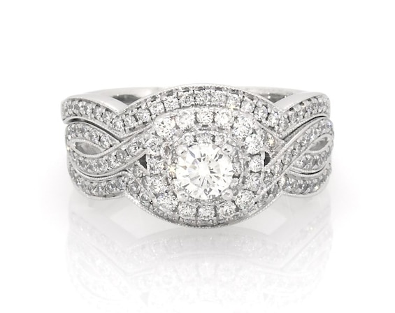 Previously Owned Neil Lane Round-Cut Diamond Double Halo Bridal Set 1 ct tw 14K White Gold Size 7.5