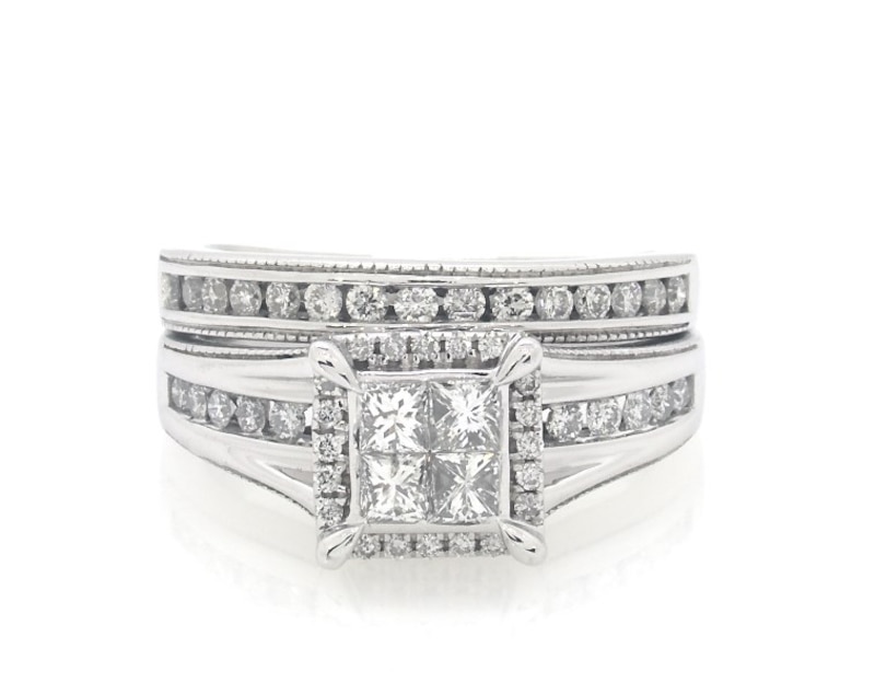 Main Image 1 of Previously Owned Princess-Cut Quad Diamond Bridal Set 7/8 ct tw 14K White Gold Size 6.5