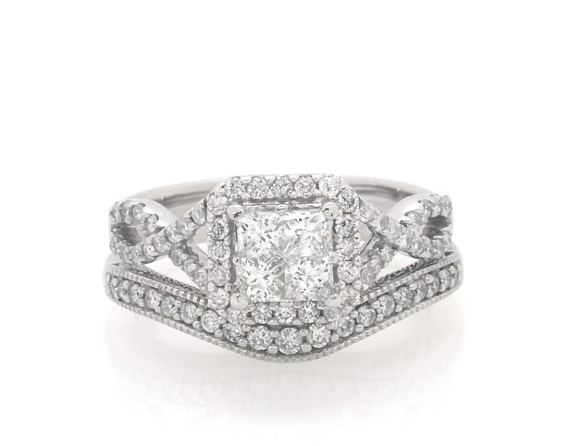 Main Image 1 of Previously Owned Princess-Cut Quad Diamond Bridal Set 7/8 ct tw 14K White Gold Size 6.5
