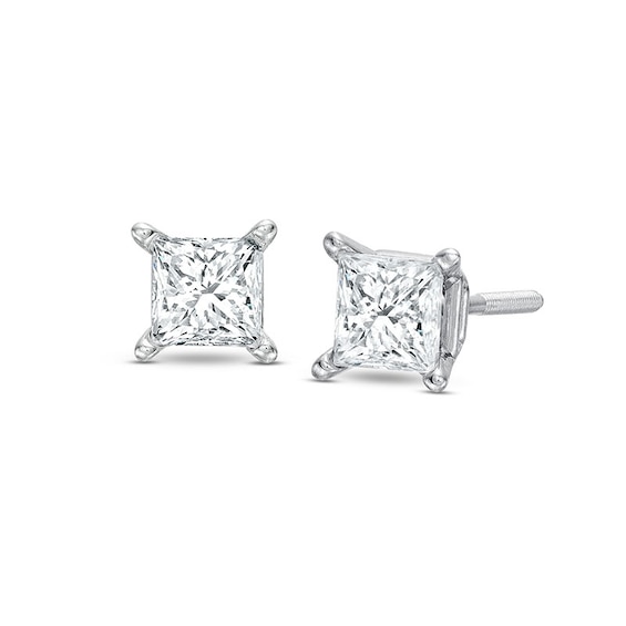 Previously Owned Diamond Solitaire Stud Earrings 3/4 ct tw Princess-cut 14K White Gold (I/I1)
