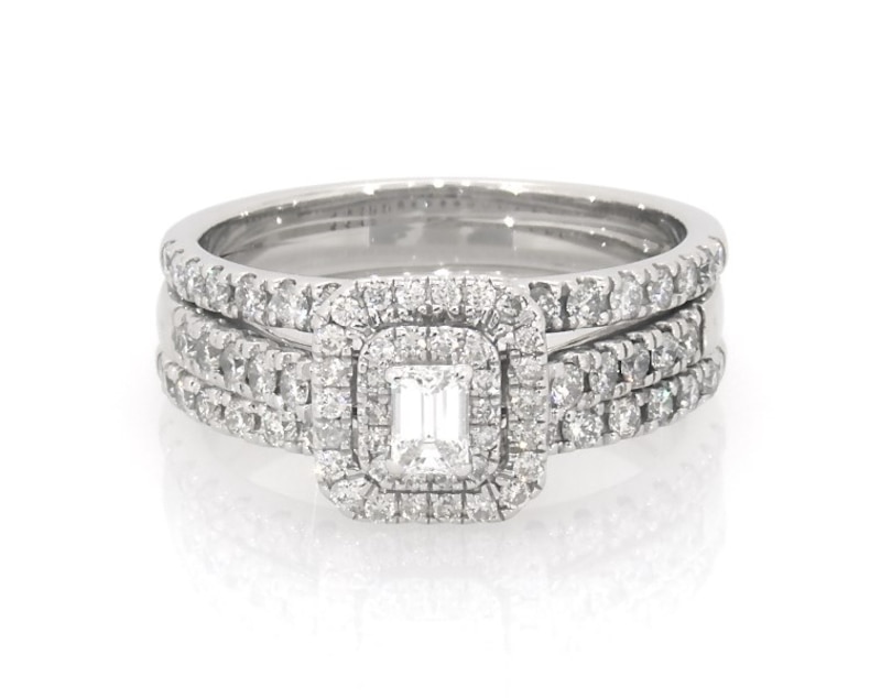 Main Image 1 of Previously Owned Emerald-Cut Diamond Double Halo Bridal Set 7/8 ct tw 10K White Gold Size 7.25