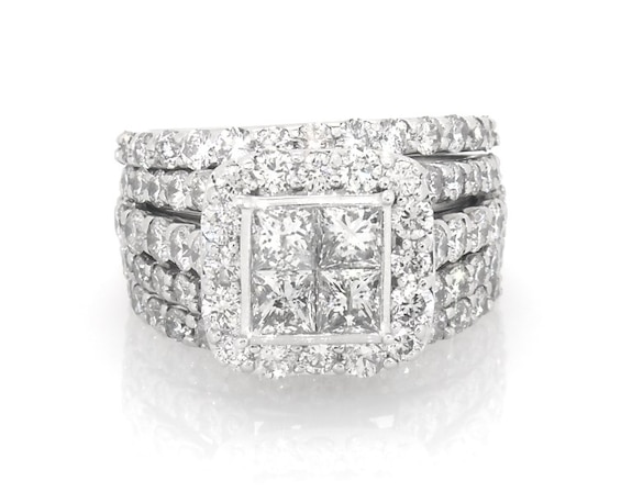 Previously Owned Princess-Cut Quad Diamond Halo Bridal Set 3-7/8 ct tw 14K White Gold Size