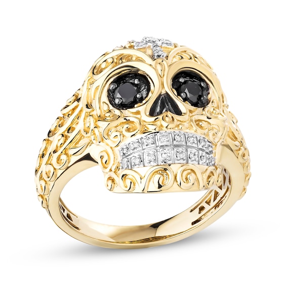 Previously Owned Men's Black & White Diamond Skull Ring 3/8 ct tw 10K Yellow Gold