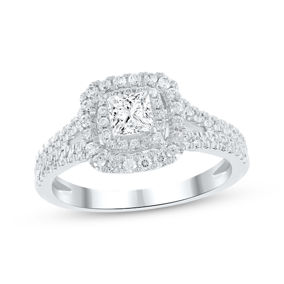 Previously Owned Lab-Grown Diamonds Princess-Cut Double Halo Engagement Ring 1 ct tw 14K White Gold