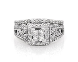 Previously Owned Princess-Cut Quad Diamond Halo Bridal Set 3/4 ct tw 14K White Gold Size 4.25
