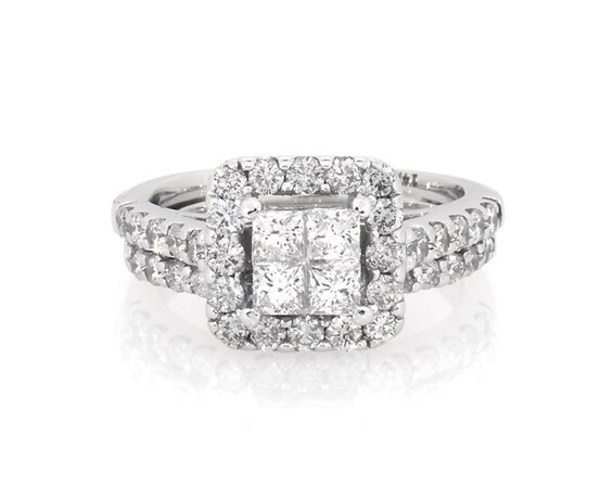 Previously Owned Princess-Cut Quad Diamond Halo Bridal Set 1-1/5 ct tw 14K White Gold Size 4.25
