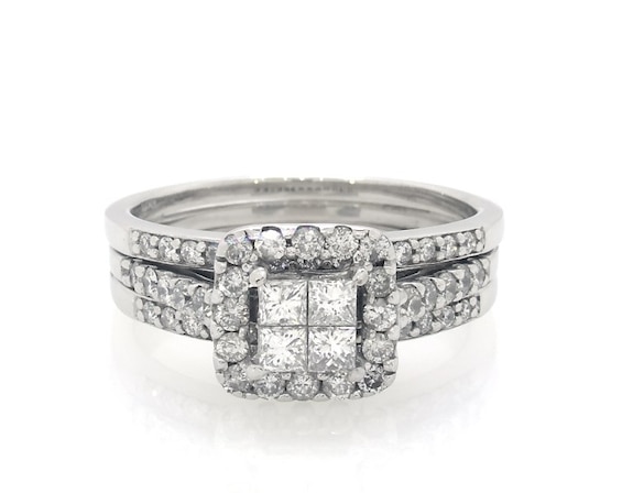 Previously Owned Princess-Cut Quad Diamond Halo Bridal Set 1-1/5 ct tw 14K White Gold Size 8.5