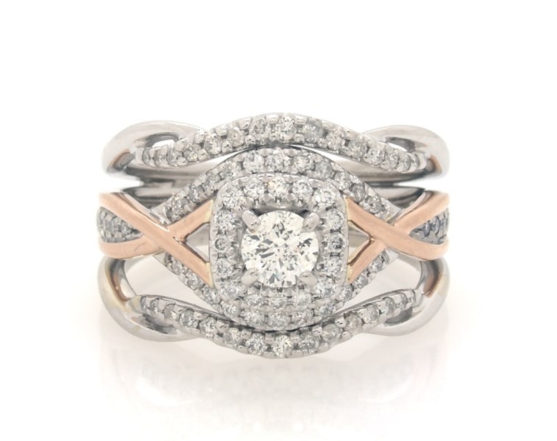 Main Image 1 of Previously Owned Round-Cut Diamond Halo Bridal Set 3/4 ct tw 14K Two-Tone Gold Size 6.25