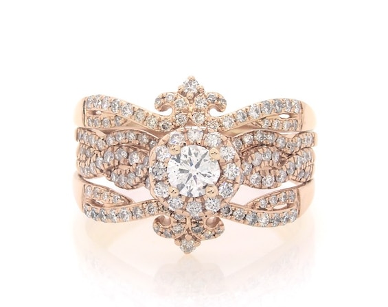 Previously Owned Round-Cut Diamond Halo Bridal Set 1-3/8 ct tw 14K Rose Gold Size 10.75
