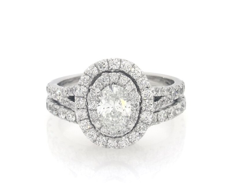 Main Image 1 of Previously Owned Neil Lane Oval-Cut Diamond Double Halo Bridal Set 1-1/2 ct tw 14K White Gold Size 4.75