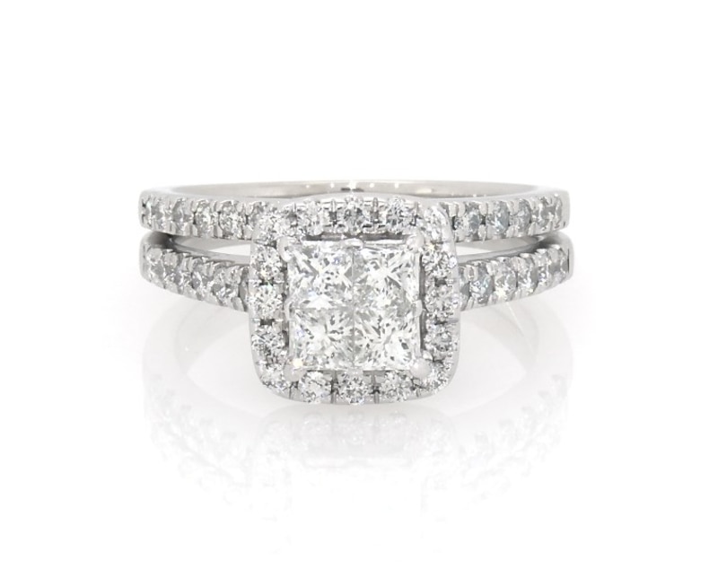 Main Image 1 of Previously Owned Princess-Cut Quad Diamond Halo Bridal Set 1-1/6 ct tw 14K White Gold Size 6.5