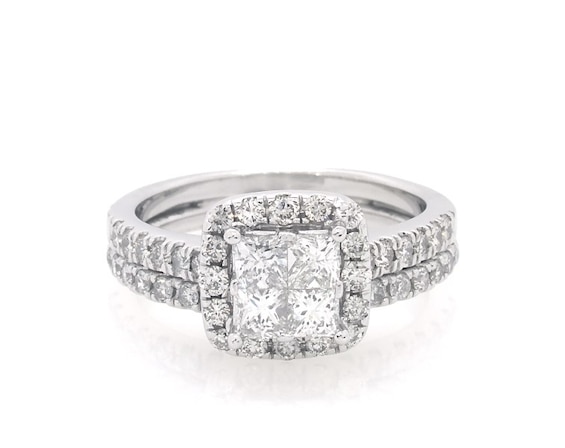 Previously Owned Princess-Cut Quad Diamond Halo Bridal Set 1-1/5 ct tw 10K White Gold Size 6.5