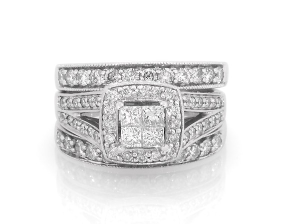 Previously Owned Princess-Cut Quad Diamond Bridal Set 1-3/8 ct tw 14K White Gold Size 7