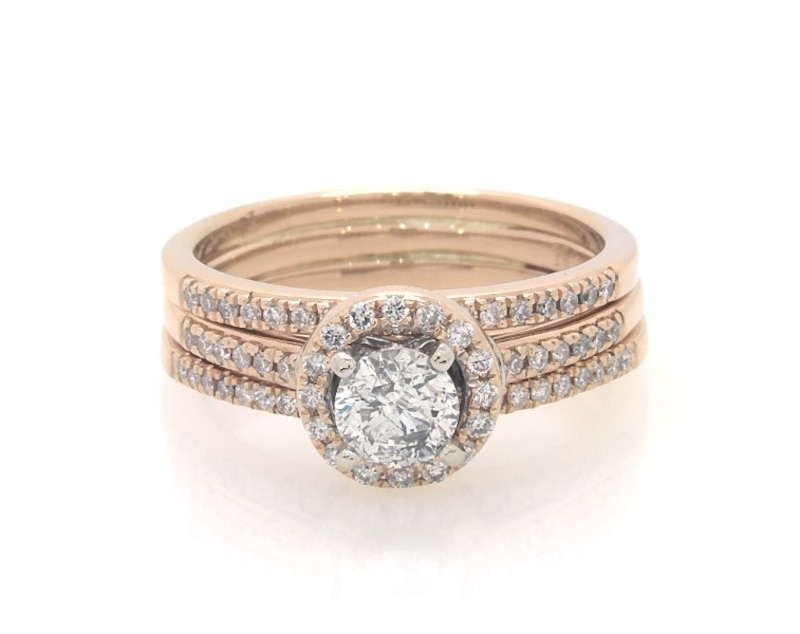 Main Image 1 of Previously Owned Round-Cut Diamond Halo Bridal Set 3/4 ct tw 14K Two-Tone Gold Size 6.75