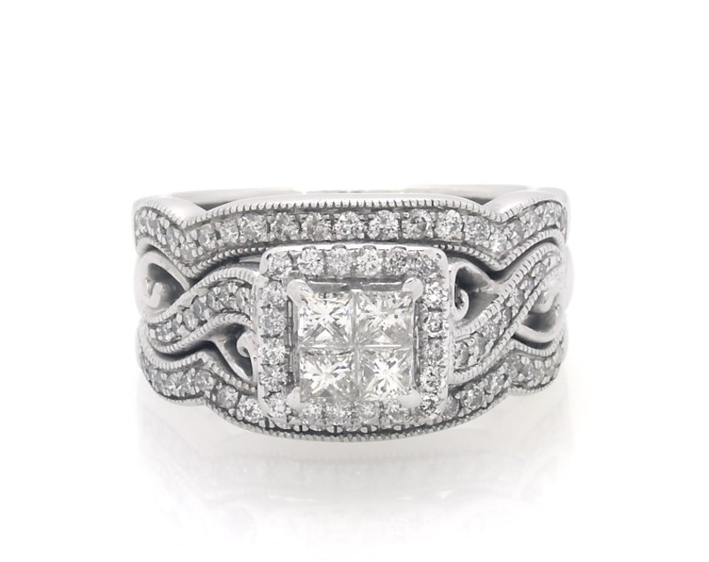 Main Image 1 of Previously Owned Princess-Cut Quad Diamond Twist Shank Soldered Bridal Set 7/8 ct tw 14K White Gold Size 6.25