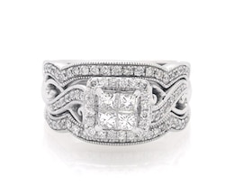 Previously Owned Princess-Cut Quad Diamond Twist Shank Soldered Bridal Set 7/8 ct tw 14K White Gold Size 6.75
