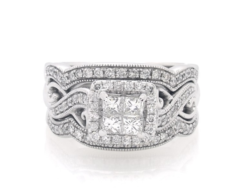 Main Image 1 of Previously Owned Princess-Cut Quad Diamond Twist Shank Soldered Bridal Set 7/8 ct tw 14K White Gold Size 6.75