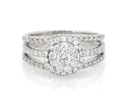 Previously Owned Round-Cut Diamond Double Halo Bridal Set 7/8 ct tw 14K White Gold Size 6.5