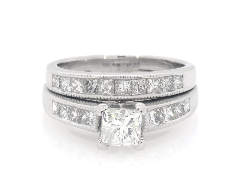 Main Image 1 of Previously Owned Princess-Cut Diamond Bridal Set 1-7/8 ct tw 14K White Gold Size 6.75