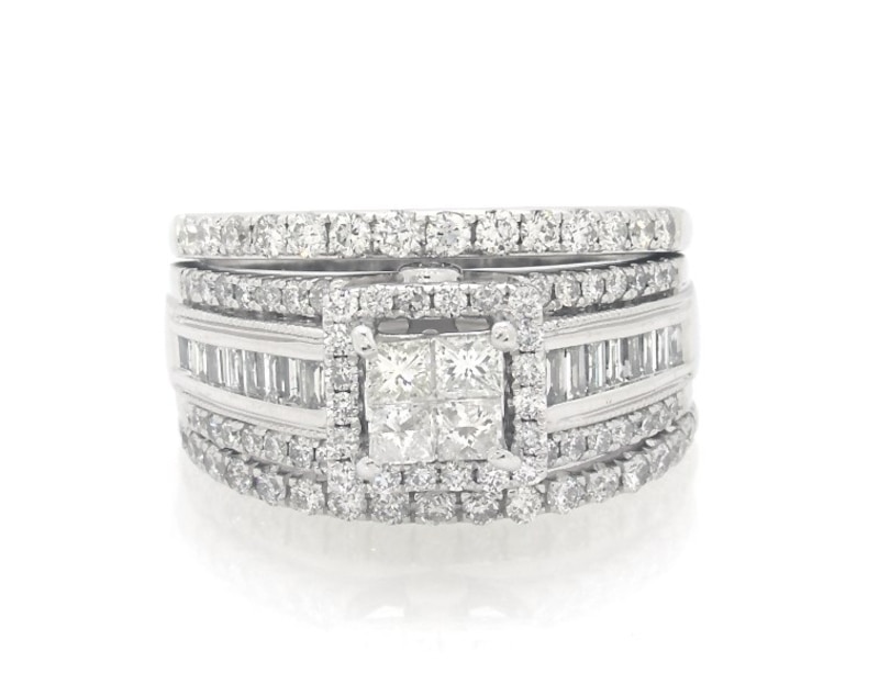 Main Image 1 of Previously Owned Princess-Cut Quad Diamond Halo Bridal Set 1-3/8 ct tw 14K White Gold Size 7