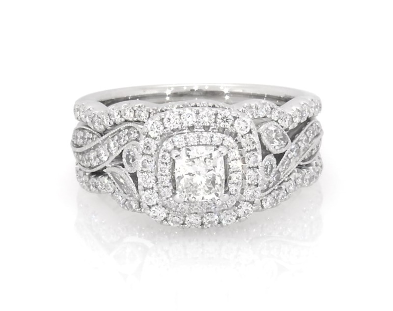 Main Image 1 of Previously Owned Neil Lane Cushion-Cut Diamond Double Halo Bridal Set 1-1/3 ct tw 14K White Gold Size 6/5