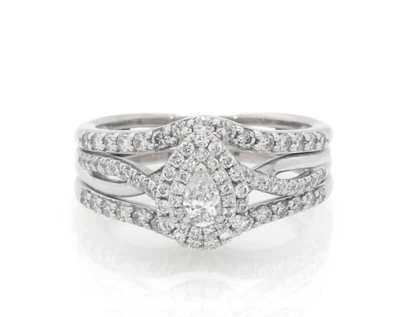 Main Image 1 of Previously Owned Pear-Shaped Diamond Double Halo Bridal Set 7/8 ct tw 14K White Gold Size 8.25