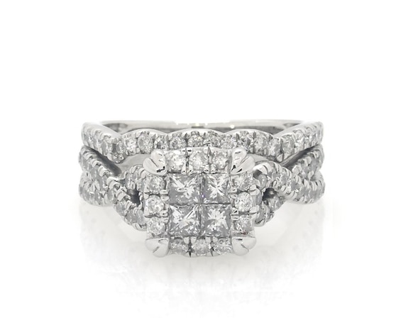 Previously Owned Princess-Cut Quad Diamond Halo Bridal Set 1-1/5 ct tw 14K White Gold Size 5.5