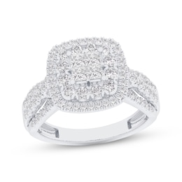 Previously Owned Princess-Cut Quad Diamond Double Cushion Halo Engagement Ring 1 ct tw 14K White Gold