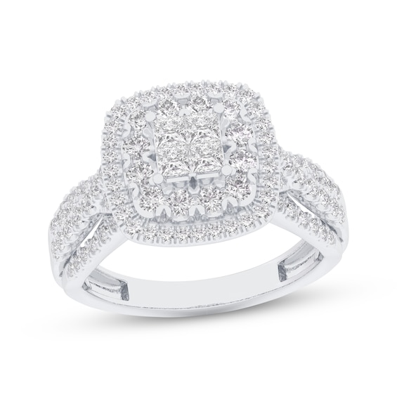 Previously Owned Princess-Cut Quad Diamond Double Cushion Halo Engagement Ring 1 ct tw 14K White Gold