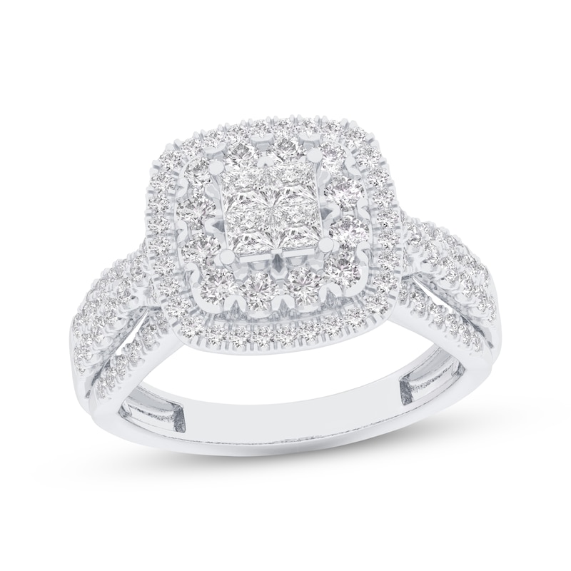 Main Image 1 of Previously Owned Princess-Cut Quad Diamond Double Cushion Halo Engagement Ring 1 ct tw 14K White Gold
