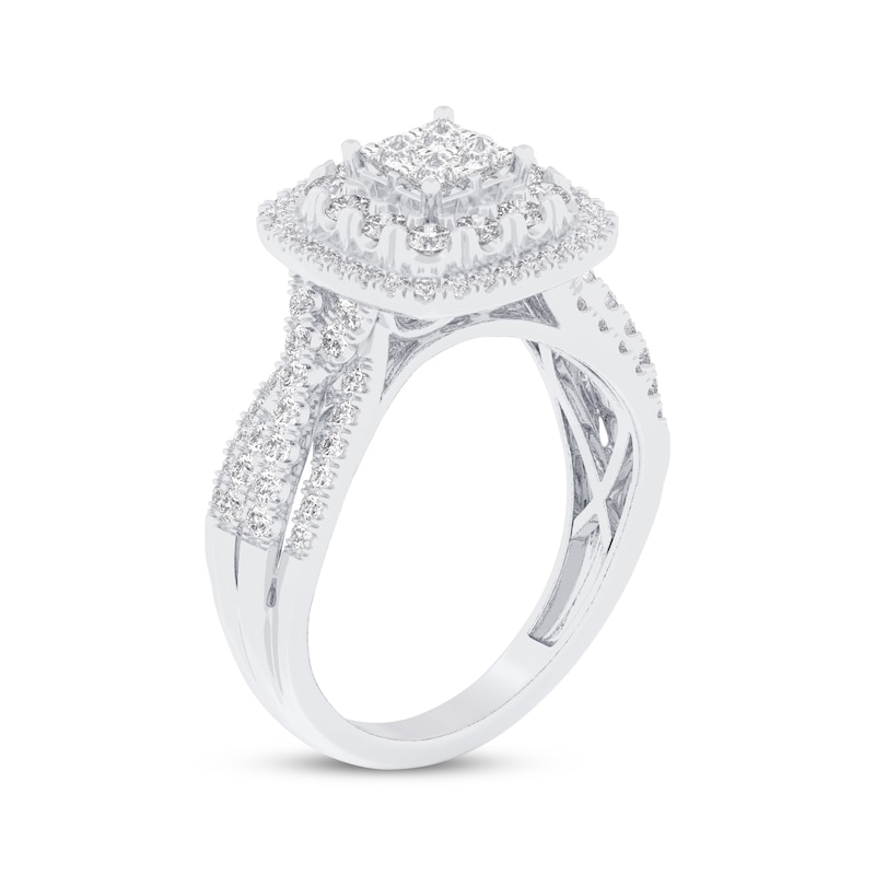 Main Image 2 of Previously Owned Princess-Cut Quad Diamond Double Cushion Halo Engagement Ring 1 ct tw 14K White Gold