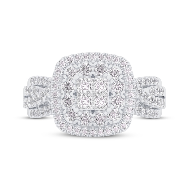 Main Image 3 of Previously Owned Princess-Cut Quad Diamond Double Cushion Halo Engagement Ring 1 ct tw 14K White Gold