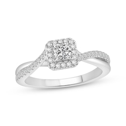 Previously Owned Lab-Grown Diamonds Princess-Cut Halo Engagement Ring 1/2 ct tw 14K White Gold