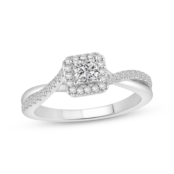 Previously Owned Lab-Grown Diamonds Princess-Cut Halo Engagement Ring 1/2 ct tw 14K White Gold