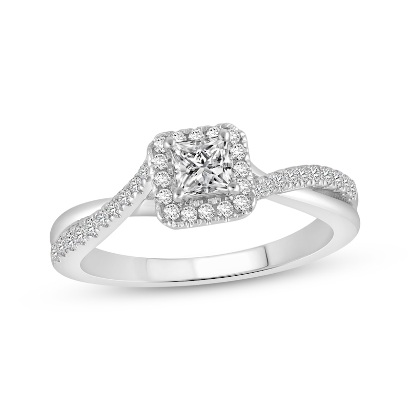 Main Image 1 of Previously Owned Lab-Grown Diamonds Princess-Cut Halo Engagement Ring 1/2 ct tw 14K White Gold