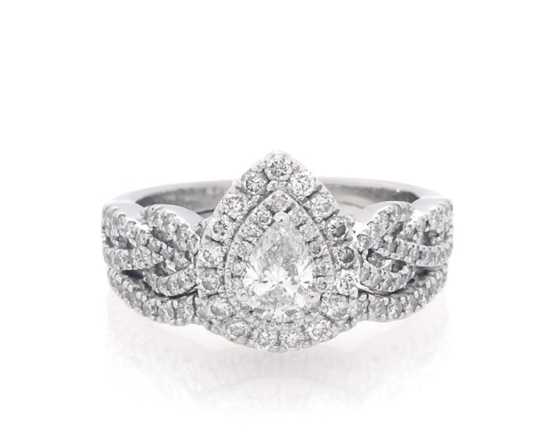 Main Image 1 of Previously Owned Neil Lane Pear-Shaped Diamond Double Halo Braided Bridal Set 7/8 ct tw 14K White Gold Size 4.75