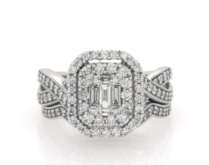 Main Image 1 of Previously Owned Baguette-Cut Diamond Double Halo Bridal Set 1-1/8 ct tw 14K White Gold Size 6.25